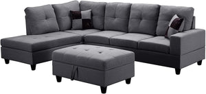 Sectional Sofa, Linen L-Shaped Storage Ottoman and 2 Pillows - EK CHIC HOME
