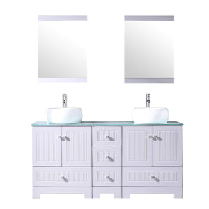 60" White Double Bathroom Vanity Cabinets and Square Ceramic Vessel Sinks w/Mirrors Faucet Drain Combo - EK CHIC HOME