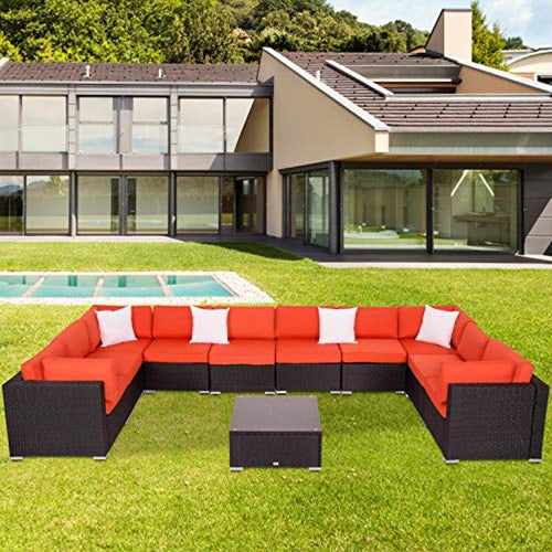 All-Weather Outdoor Sectional Sofa Wicker Rattan Patio Conversation Set (11 Pieces) - EK CHIC HOME
