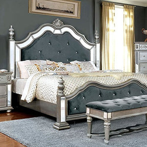 Glamorous  Silver Padded Fabric Eastern King Size Bed Tufted Matching Dresser Mirror Nightstand Formal Bedroom Furniture 4pc Set - EK CHIC HOME