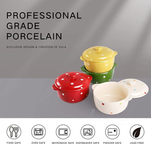 4 Pack Porcelain Ramekins, 9 OZ Mini Casserole Bowl with Lid and Handle, - EK CHIC HOME