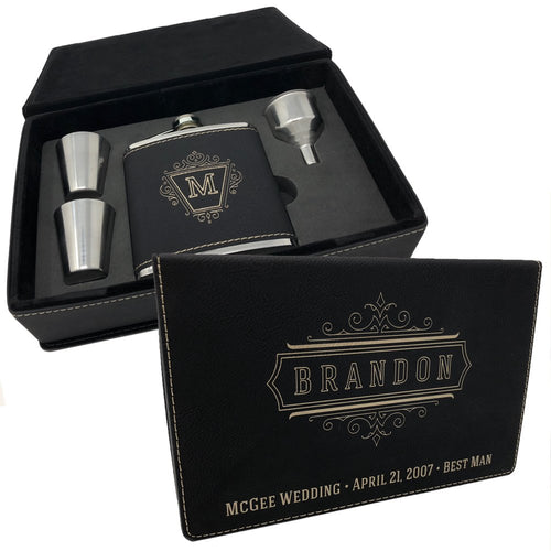 Personalized Leatherette Flask Set - Free Engraving on leather gift box and flask (Black w/ Silver Engraving) - EK CHIC HOME