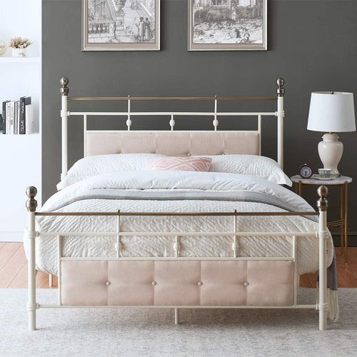 Ivory-White Modern Metal Platform Bed Frame with Elegant Upholstered Headboard and Footboard - EK CHIC HOME