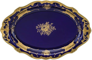 Blue Oval Serving Platter, Leaves' 24K Gold Pattern (10'') - EK CHIC HOME