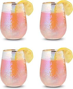 Set of 4 Lustered Iridescent Stemless Wine Glasses, 100% Glass 15oz - EK CHIC HOME