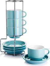 Load image into Gallery viewer, /Porcelain Stackable Espresso Cups with Saucers and Metal Stand - EK CHIC HOME