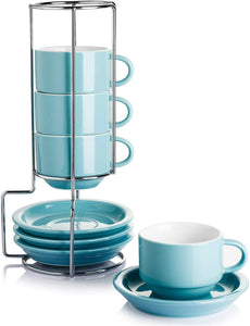 /Porcelain Stackable Espresso Cups with Saucers and Metal Stand - EK CHIC HOME