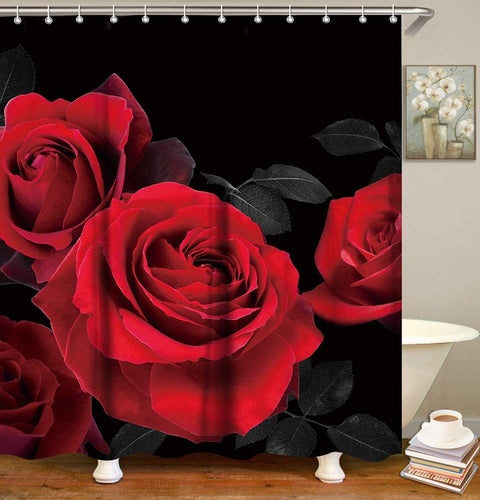 Rose Shower Curtain, Black and Red Set with Hooks - EK CHIC HOME
