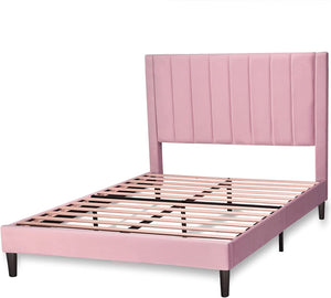Vertical Channel Platform Bed Frame / Velvet Upholstered - EK CHIC HOME