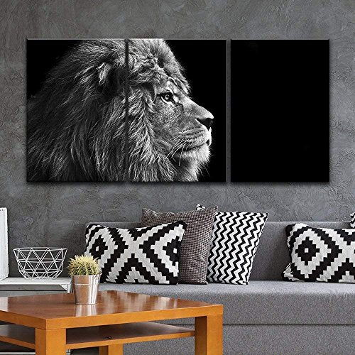 3 Panel Canvas Wall Art - Lion Head on Black Background - Giclee Print Gallery Wrap Ready to Hang - EK CHIC HOME