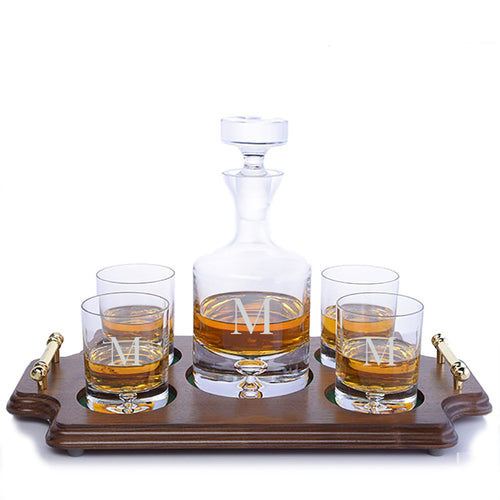 Personalized Ravenscroft Lead-free Crystal Taylor Whiskey Liquor Decanter & 4 Rocks Glasses with Walnut Serving & Presentation Tray - EK CHIC HOME