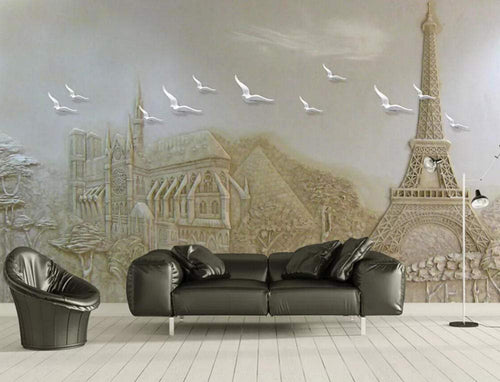 Wall Mural 3D Wallpaper Embossed Modern Minimalist Building Flying Pigeon Wall Decoration Art - EK CHIC HOME