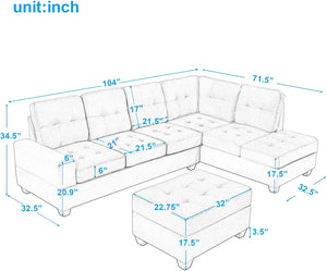Sectional L-Shaped, Modular, Footstool Saving Storage, Elegant Velvet - EK CHIC HOME