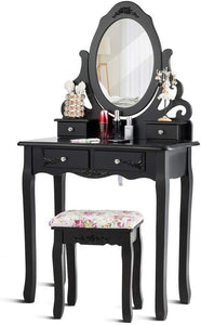 Vanity Dressing Table with Mirror and Stool, 360° Rotating Oval Makeup Mirror - EK CHIC HOME