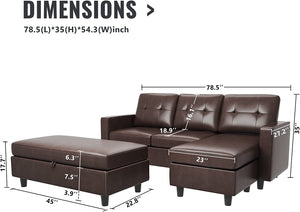 Leather Sectional Couch with Ottoman Sofa Set with Chaise (Brown) - EK CHIC HOME