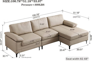 Leather Sofa 3-Seat L-Shape Sectional Sofa Couch Set w/Chaise (Beige) - EK CHIC HOME