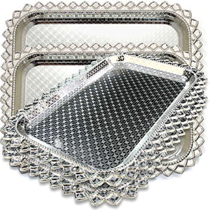 (Pack of 4) Rectangular Floral Engraved Chrome Mirror Serving Tray Victoria Design - EK CHIC HOME