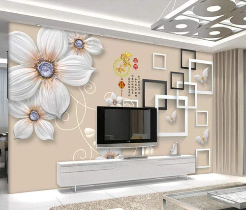 Wall Mural 3D Wallpaper White Minimalist Embossed Flowers - EK CHIC HOME
