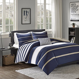 Comforter Set - 4 Piece - White/Blue - Stripes - EK CHIC HOME