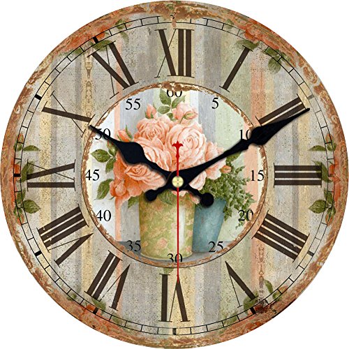 Flower Round Wall Vintage Country French Style Wooden Clock (6