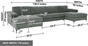 Large Velvet Fabric U-Shape Sectional Sofa, Double Extra Wide Chaise - EK CHIC HOME