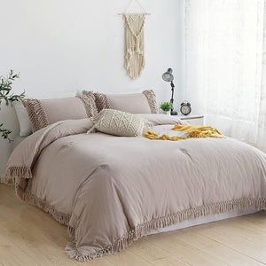 White Ruffle Tassel Comforter Set Queen Size,100% Washed Cotton Boho - EK CHIC HOME