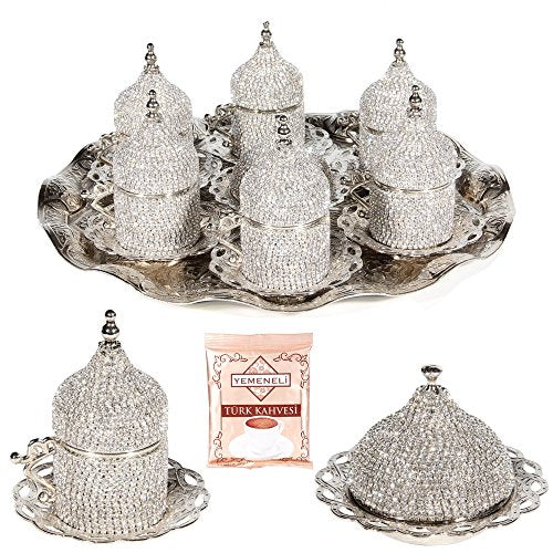 27 Pc Turkish Coffee Espresso Cup Saucer Swarovski Crystal Set SILVER - EK CHIC HOME