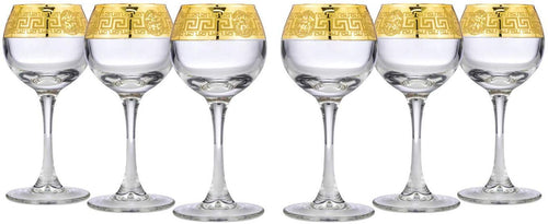 Gold Rimmed Crystal 3 Oz Wine Glasses, Sherry Goblets 6-pc, Greek Key (Medusa) - EK CHIC HOME