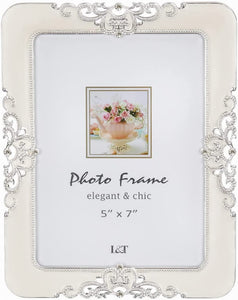 Silver Metal with Ivory Enamel and Crystals 5 x 7 Inch Photo Frame - EK CHIC HOME