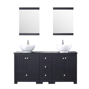 60" Black Double Bathroom Vanity Cabinets and Ceramic Vessel Sink w/Mirror Combo Faucet - EK CHIC HOME