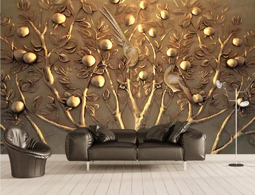 Wall Mural 3D Wallpaper Embossed Golden Tree Fruit Wall Decoration Art - EK CHIC HOME