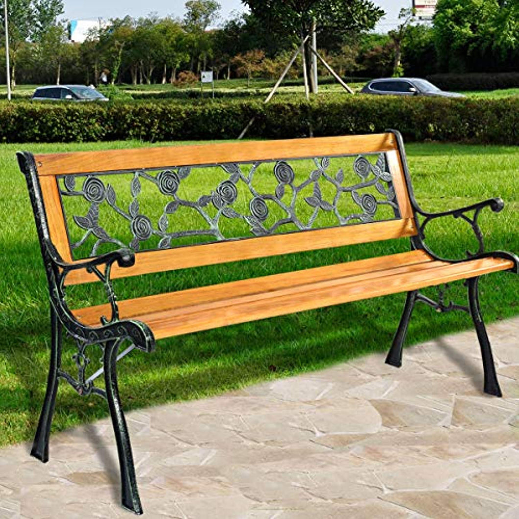 50'' Patio Park Garden Bench, Outdoor Furniture Iron & Hardwood Frame Porch Loveseat - EK CHIC HOME