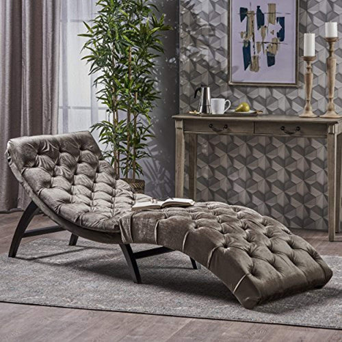 Garamond Tufted Velvet Chaise Lounge, Grey/Dark Brown - EK CHIC HOME