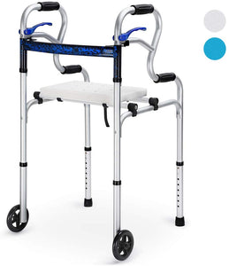 4 in 1 Stand-Assist Folding Walker with Detachable Seat, Trigger Release and 5" Wheels Supports - EK CHIC HOME