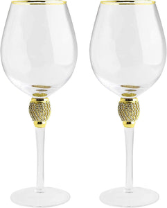 Large Diamond Wine Glasses, 10" H Gold Rim Rhinestone - EK CHIC HOME