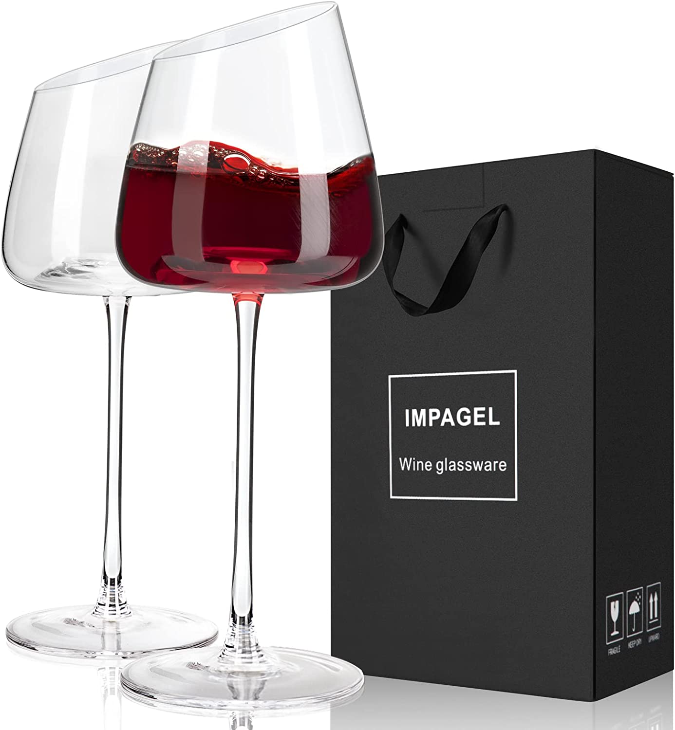 Set Of 2 Large Crystal Clear Red Wine Glasses - Elegant Stemmed Drink ware