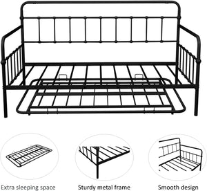 Twin Daybed with Trundle,Heavy Duty Metal Bed Frame - EK CHIC HOME