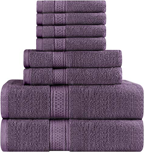Premium 8 Piece Towel Set (Plum) - 2 Bath Towels, 2 Hand Towels and 4 Washcloths Cotton Hotel Quality - EK CHIC HOME