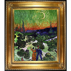 Landscape with Couple Walking and Crescent Moon Artwork by Van Gogh with Regency Gold Frame - EK CHIC HOME