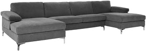 Large Velvet Fabric U-Shape Sectional Sofa, Ash - EK CHIC HOME