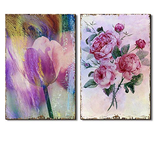 2 Beautiful Tulip on a Brush Stroke Background Paired with Watercolor Bouquet - Canvas Art - EK CHIC HOME