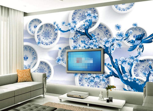 Wall Mural 3D Wallpaper Blue Porcelain Disc Flower Modern Minimalist Wall Decoration Art - EK CHIC HOME