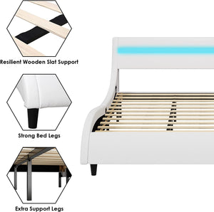 Modern Upholstered Platform Bed Frame with LED Lights Headboard, - EK CHIC HOME