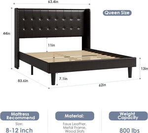 Queen Size Upholstered Platform Bed Frame with Nailhead Trim - EK CHIC HOME