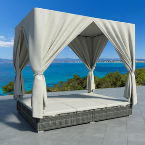 Sunlounger with Curtains Poly Rattan Outdoor - EK CHIC HOME