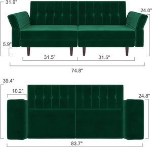 Belffin Velvet Convertible Futon Sofa Bed Memory Foam Futon Couch Sleeper Sofa Green - EK CHIC HOME