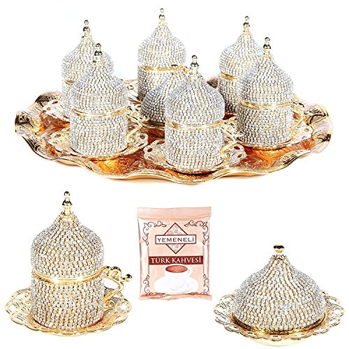 27 Pc Turkish Coffee Espresso Cup Saucer Swarovski Crystal Set GOLD - EK CHIC HOME