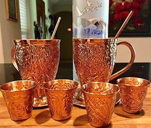 Embossed Moscow Mule Copper Bundle - Includes 4 Copper Mugs and Matching Shot Glasses - EK CHIC HOME