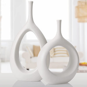 White Ceramic Hollow Vases Set of 2, Flower Vase for Decor - EK CHIC HOME