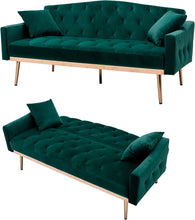 Load image into Gallery viewer, Velvet Futon Sofa Mid Century - Gold Metal Legs and 2 Pillows - EK CHIC HOME